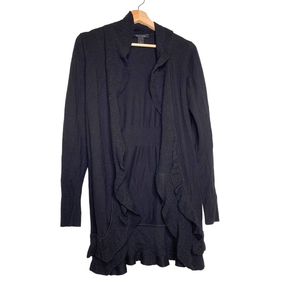 White House Black Market Womens Open Front Cardigan Sweater Black Ruffle S
